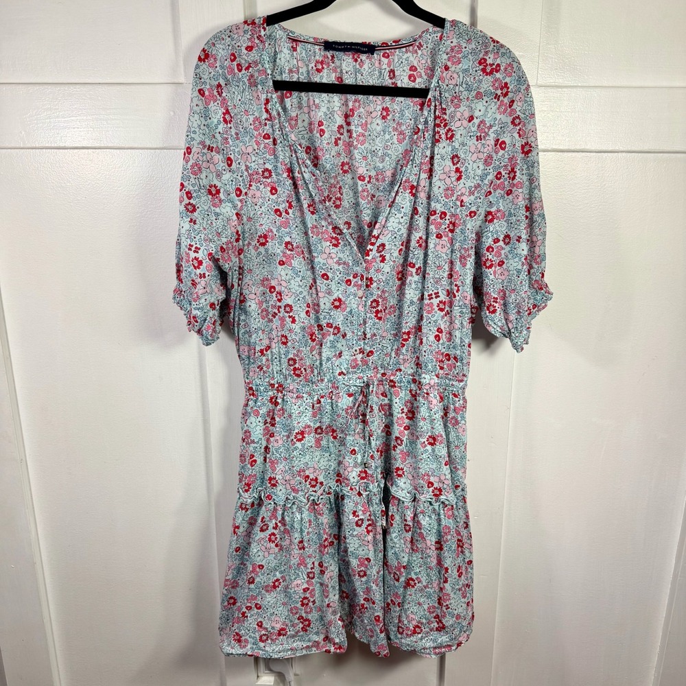 Tommy Hilfiger Womens Light Blue Floral Print Tiered Mini Dress Drawstring Waist